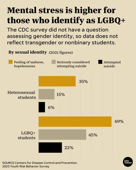 A bar chart showing the different percentages for heterosexual and LGBQ plus identifying students. While 35 percent of heterosexual students felt sad or hopeless in 2021, 69 percent of LGBQ plus students did. 15 percent of heterosexual students seriously contemplated suicide, while 45 percent of LGBQ plus students did. And 6 percent of heterosexual students attempted suicide, while 22 percent of LGBQ plus students did.