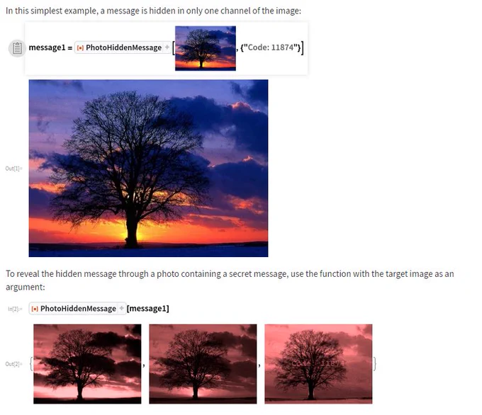 A section of the PhotoHiddenMessage documentation page. Text is a code snippet that reads "message1 = [*]photoHiddenMessage   [(a photo that has a black silhouette of a tree on a background of an orange and blue sunset),{"Code:11874"}]. The same photo of the tree with the sunset silhouette appears as the output of the function. Text reads "To reveal the hidden message through a photo containing a secret message, use the function with the target image as an argument:" Another line of code follows and reads "[*]PhotoHiddenMessage   [message1]" The output of this query is three images in which the original image of the tree becomes black and red, with the silhouette of the tree partially hidden with what looks like black clouds. The background of the image is multiple shades of red. The last image in the series faintly shows the message "Code 11874" in a light red text over the image of the tree.