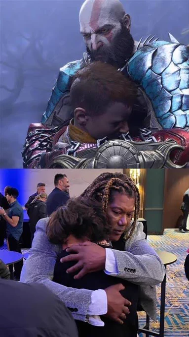 Image shows the upper half with Kratos and Atreus hugging, the lower half shows actors Christoper Judge (Kratos) and Sunny Suljic (Atreus) hugging.