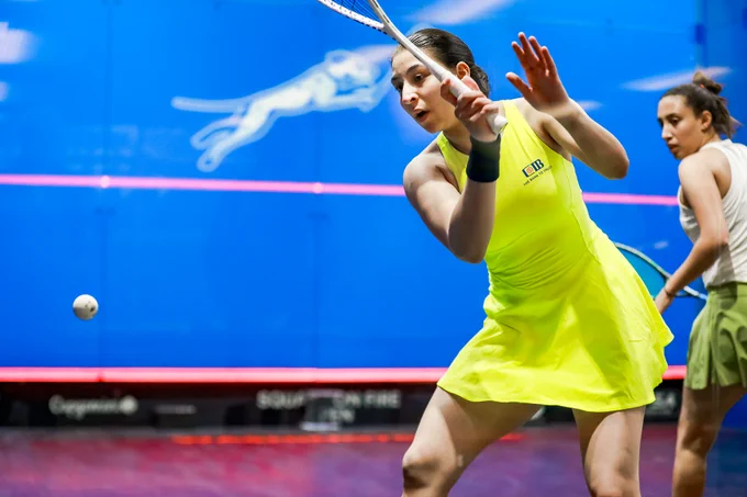 Farida Mohamed in action against Sana Ibrahim during the Squash On Fire Open quarter finals