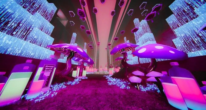 This is a screenshot from the upcoming Turbo Overkill Episode 3.  Along this road, you see bottles of glowing liquid and Mushrooms that look like they are from their own Kingdom; they are huge!

A digital mushroom wonderland.