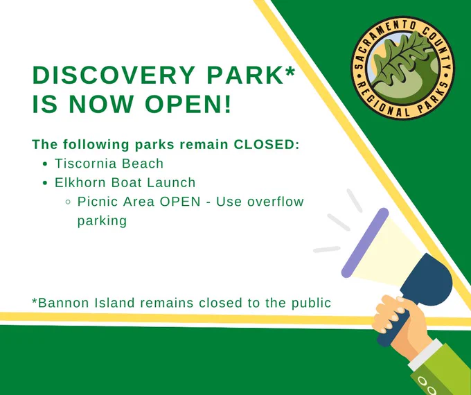 Discovery park is now open! The following parks remain closed: Tiscornia Beach
Elkhorn Boat Launch 
Picnic area open - use overflow parking 

*Bannon Island remains closed to the public
