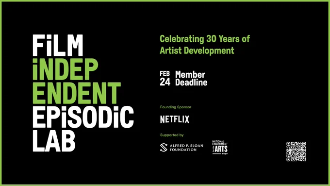 A black rectangle with green outline with the words "Film Independent Episodic Lab" to the Left and "Celebrating 30 years of Artist Development" to the right with the February 24 deadline underneath