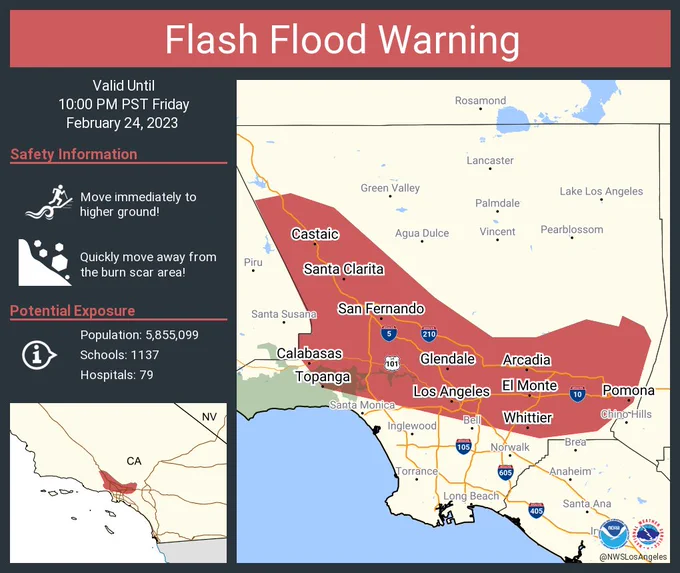 This graphic displays a flash flood warning plotted on a map. The warning is in effect until 10:00 PM PST. The warning includes Los Angeles CA, Glendale CA and Santa Clarita CA.  This warning is for Los Angeles County. Quickly move away from the burn scar area! Move immediately to higher ground! There are 5,855,099 people in the warning along with 1137 schools and 79 hospitals.