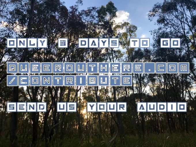 Photo of eucalyptus trees silhouetted against a blue sky with the sun rising behind them. Text reads: Only 3 days to go, queerouthere.com/contribute, send us your audio