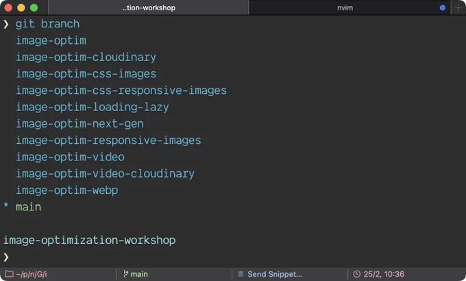 Lista de ramas con ejemplos que veremos en el taller de optimización de imágenes en T3chfest