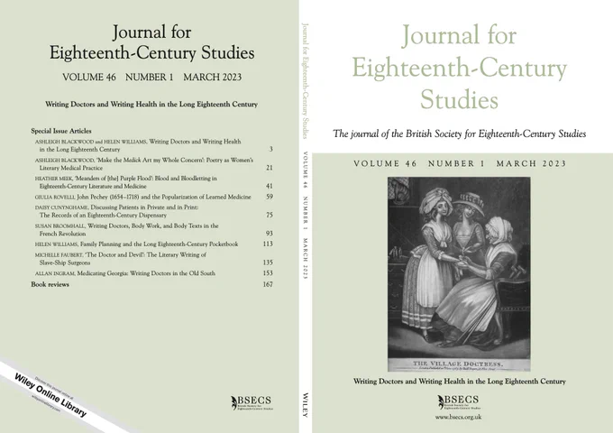 A screenshot of the green cover of Journal for Eighteenth-Century Studies, with an illustration of 'The Village Doctress' (1787), who treats a young woman's hand while her friend looks on.