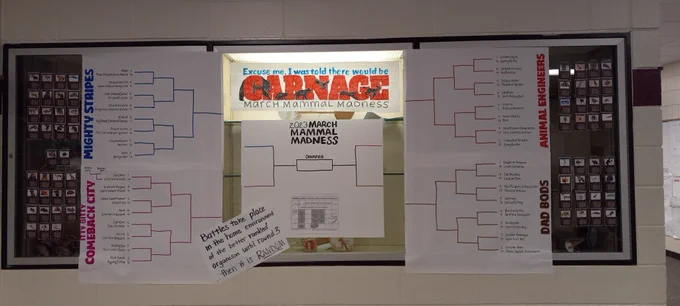 Large hall display of March Mammal Madness brackets. Displayed left and right of bracket are critter cards highlighting each of the 65 contestant. Title is backlit and reads "Excuse me, I was told there would be carnage. March Mammal Madness" in font incorporating animal outlines. Overlaying center of bracket are 2 papers. Left says 'battles take place in the home environment of the better ranked organism until round 3, then it is random' right center is a calendar of battle dates.