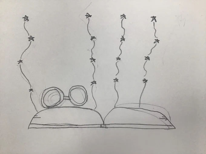 A sketch of an open book with stars streaming out of it. There are reading glasses on the book.
