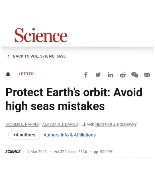 A photo of the title page of a paper titled “Protect Earth’s orbit: Avoid high seas mistakes”