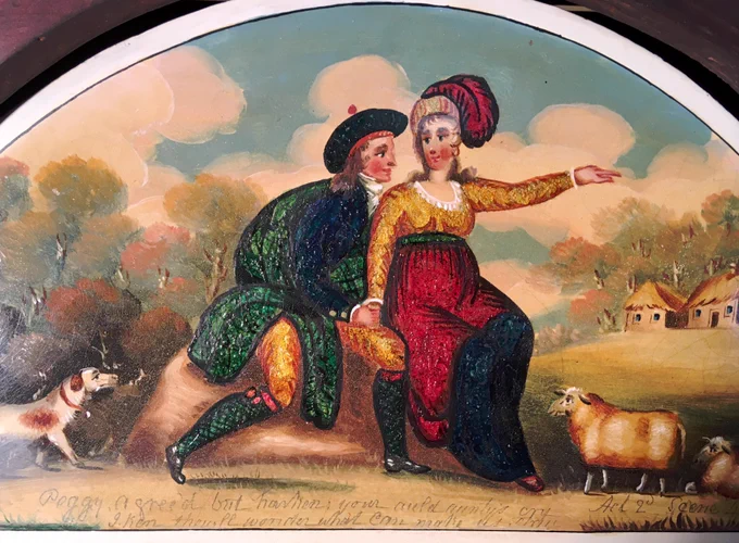 painting of Patie and Peggy from The Gentle Shepherd, on a clock face painted in Glasgow in 1820