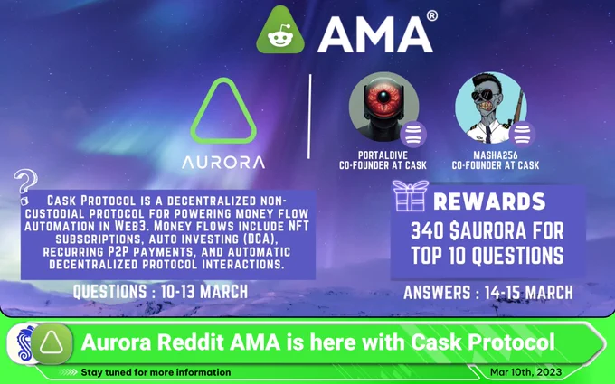 AURORA x CASK PROTOCOL #AMA
340 $AURORA for 10 best questions

Rules & Join
,RT& FL @auroraisnear & @caskprotocol 
Join TG t.me/auroraisnear & t.me/caskprotocol 
Drop your question & Tag 3 

Join now https://www.reddit.com/r/auroraisnear/comments/11neop9/hello_aurora_community_aurora_reddit_community_27/

#Aurority #Aurora #Web3