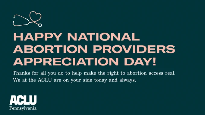 A graphic of a stethoscope formed into a heart on a dark teal background that thanks abortion providers.