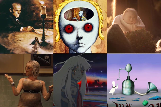 A collage of recommended animated films: The Dream of a Ridiculous Man, Fantastic Planet, Oh Willy, Out on the Tiles, Puparia, and Wastopia.