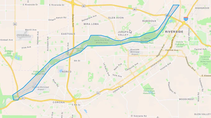 Image of map depicting the boundaries of the Santa Ana River within Riverside County from the San Bernardino County border to the Orange County border.