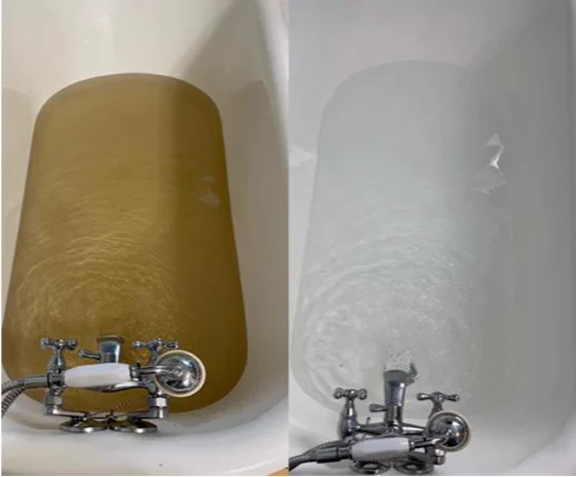 Side-by-side photo of bathtubs: (left) filled with brown water, (right) filled with clean water Liselle Reed from Montana shared this story: "We had to buy our drinking water in town at $0.75 a gallon and that was such an annoying but necessary chore. House guests would always comment on the dirty water and cringe at having to shower in it. Having Dry Prairie water has been a huge life change! Our kids now have clean, clear baths and we are able to drink water from the tap that we didn’t have to bring from town...we are so thankful to finally have such great water!” 