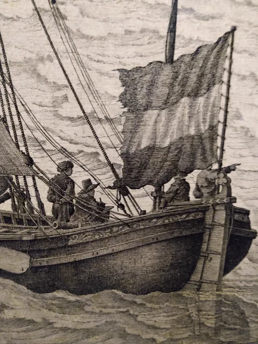 Small detail from pen painting depicting the Battle of Scheveningen on 10 August 1653 by Willem van de Velde the Elder, which shows himself seated in a small vessel with his back to the viewer with a sketching board propped on his knee and wearing a broad brimmed hat as he records the scene and someone (perhaps his son) standing next to him observing him at work.