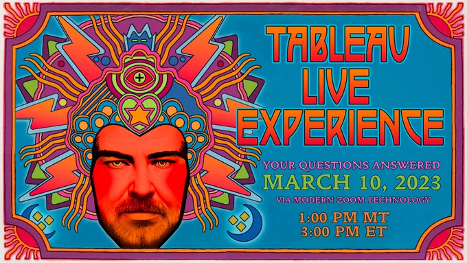An invitation to anyone interested in asking questions about Tableau to join a free session by Boulder Insight today, March 10th, at 12 noon PT/3pm ET.
