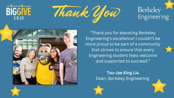 Photo of Tsu-Jae with students and Oski with quote from Tsu-Jae:

“Thank you for elevating Berkeley Engineering’s excellence! I couldn’t be more proud to be part of a community that strives to ensure that every Engineering student feels welcome and supported to succeed.”
Tsu-Jae King Liu, Dean, Berkeley Engineering 