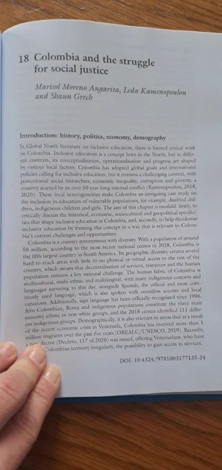 First page of chapter 18, about inclusive education in Colombia, entitled: 'Colombia and the struggle for social justice', by Marisol Moreno Angarita, Leda Kamenopoulou and Shaun Grech.