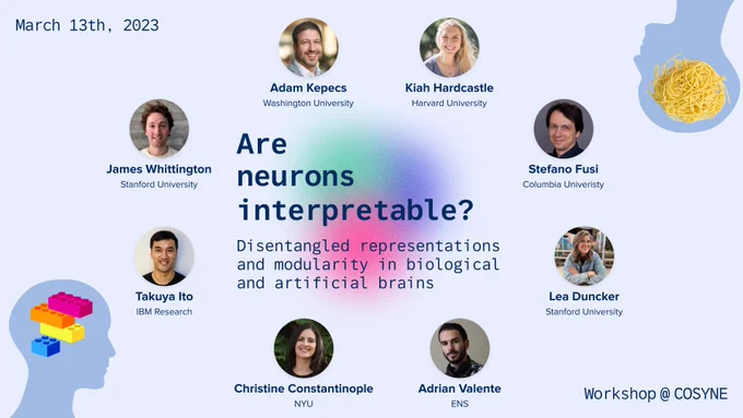 March 13th, Cosyne Workshop on neuron interpretability featuring

Morning session
8:00 - Lea Duncker
8:30 - Adrian Valente
15 min break
9:15 - Takuya Ito
9:45 - Christine Constantinople

Afternoon session 
4:00 - Adam Kepecs
4:30 - James Whittington
15 min break
5:15 - Kiah Hardcastle
5:45 - Stefano Fusi
6:20 - Panel discussion