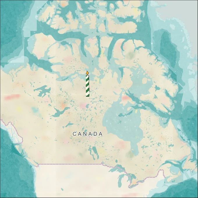 The land mass of Canada has been turned a fluffy-textured beige and multicoloured “fun-fetti” vanilla cake texture. A striped birthday cake candle and flame are situated alongside the big letters saying “CANADA” in the middle of the country. Buildings and roads are symbolized in a way that resembles white buttercream frosting. The oceans and water bodies are symbolized with a spongey turquoise texture.