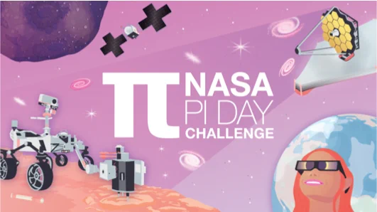 An illustrated image with the symbol for pi and text that reads "NASA Pi Day Challenge". Illustrations of different NASA missions border the text.