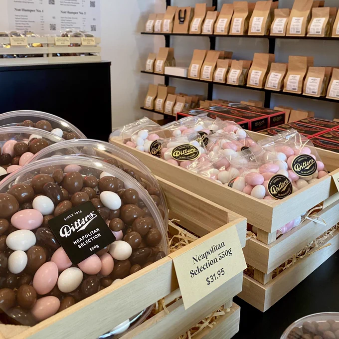 Easter gifts on display in wooden crates in Ditters shop in Melrose Park off South Road near Spotlight.