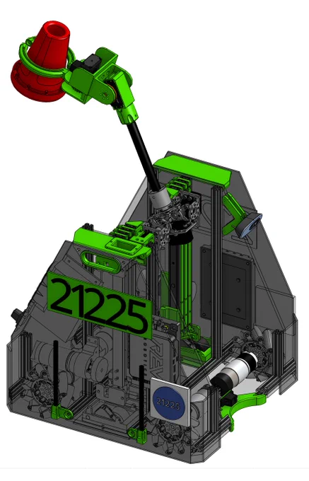 CAD assembly of robot ("Lil Gerry", aka "LG") with arm raised. Arm has four degrees of motion, and preset poses for all needed arm positions to speed intake and delivery of game elements (Cones). 