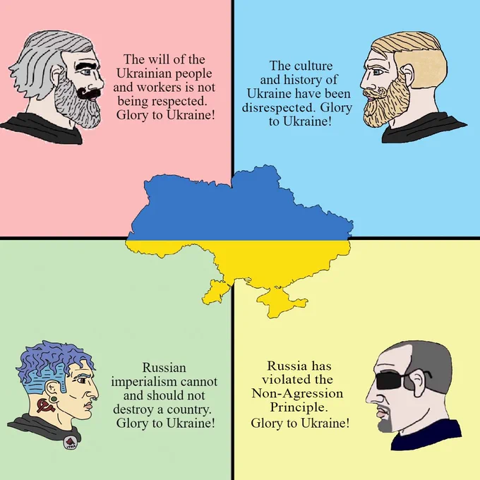 Pro-Ukraine political compass

Authoritarian Left says "The will of the Ukrainian people and workers is not being respected. Glory to Ukraine!"

Libertarian Left says "Russian imperialism cannot and should not destroy a country. Glory to Ukraine!"

Authoritarian Right says "The culture and history of Ukraine have been disrespected. Glory to Ukraine!"

Libertarian Right says "Russia has violated the Non-Aggression Principle. Glory to Ukraine!"