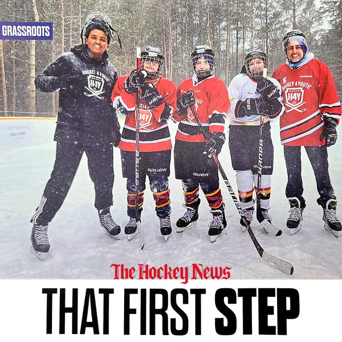 Moezine Hasham, Founder and Executive Director of Hockey 4 Youth Foundation, on an outdoor ice rink with 4 program participants. The Hockey News logo is above the article title that reads 'That First Step'