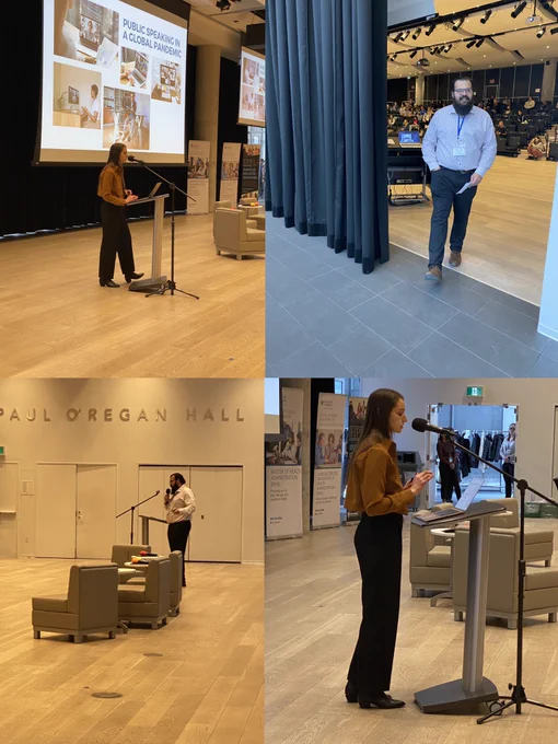 A group of 4 different pictures showing the co-chairs speaking on stage during their opening remarks at the 2023 Crossroads conference.