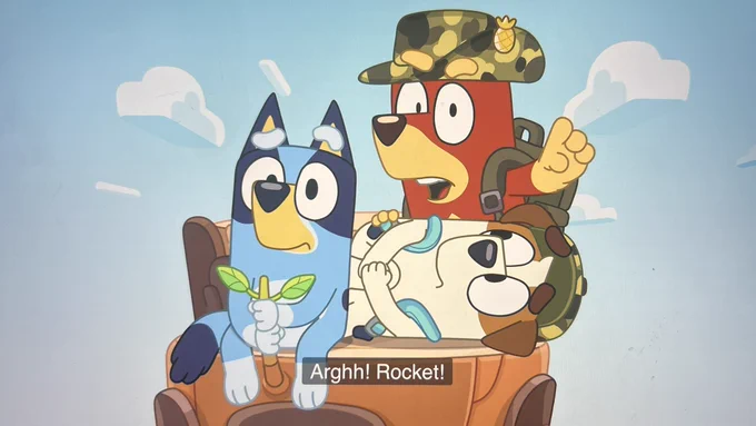Bluey, Jack and Rusty in Bluey’s tree stump helicopter. Rusty is yelling ‘Rocket!’ Bluey, by the way, is an Australian children’s TV cartoon which is hands down my favourite TV show this year. It’s superb.