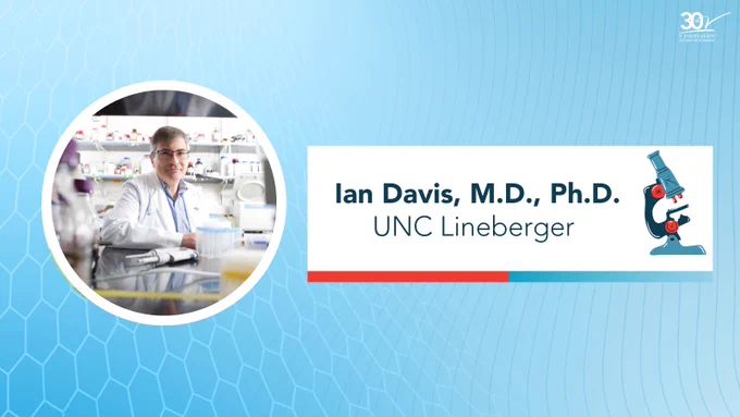 Multicolored blue background with dark blue text. An image of Dr. Davis is featured along with a light blue, dark blue, and red microscope. Our 30th anniversary logo is in the top right corner. 