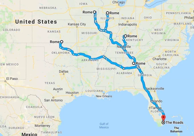Map of the USA. From 5 Towns, named Rome, a way goes to a place, named The Road.
