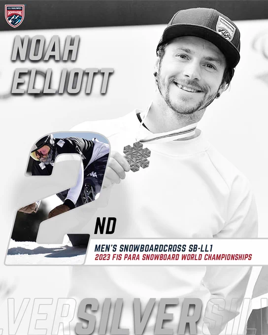 Noah Elliott pictured in a silver medal graphic in the snowboardcross SB-LL1 final. 