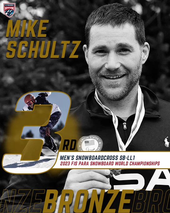 Mike Schultz pictured in a bronze medal graphic in the snowboardcross SB-LL1 final. 