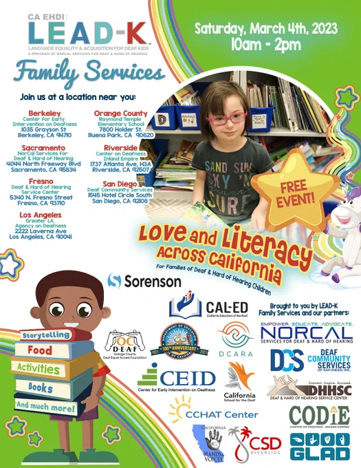 Graphic in English for the Love and Literacy Across California with locations and addresses of the events.