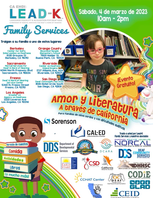 Graphic in Spanish for the Love and Literacy Across California with locations and addresses of the events.