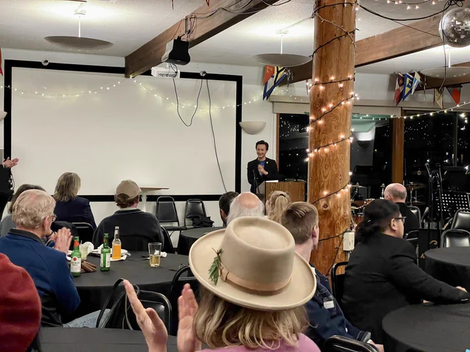 Councilmember Robinson addressing guests at a celebration of the opening of Sailing Portal, a new US Sailing accredited sailing school at the Berkeley Marina