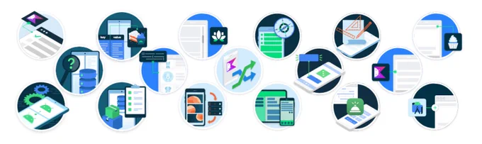 All 17 badges available in the Andorid Basics with Compose course