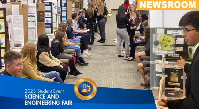 NEWSROOM details on 2023 Student Event Science and Engineering Fair. Image of Riverside County students at past county science fair competitions.