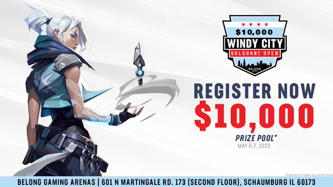 Image featuring Valorant agent Jett and logo for $10,000 Windy City Valorant Open, powered by Belong Gaming. Register now | $10,000 Prize Pool. Belong Gaming Arenas