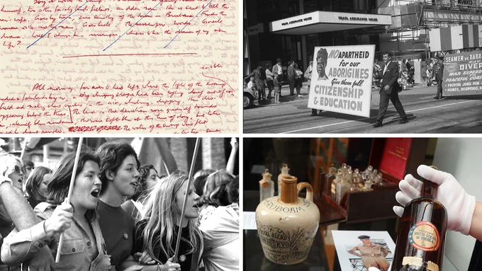Manuscript letters, rare bottles, historical photos of protests.