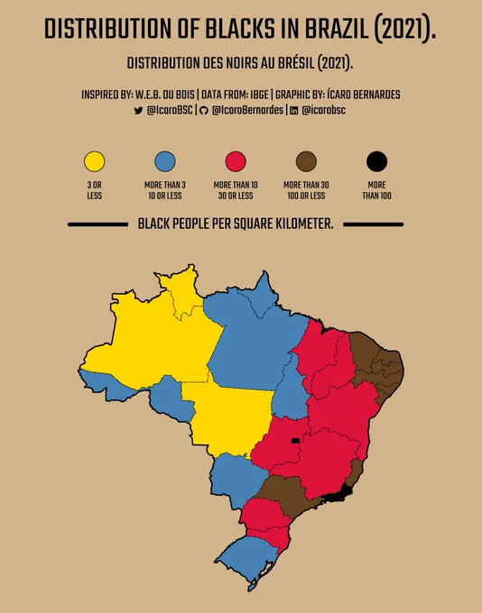Map of Brazil that shows the number of Black Brazilians per square kilometer of each state in 2021. Rio de Janeiro and the special zone around Brasília (Brazil's capital) are the regions most densely populated by Blacks.
