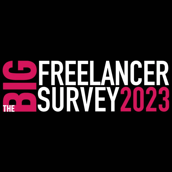 The Big Freelancer Survey 2023 logo. The words are written in white and red on a black background in a large, bold font.