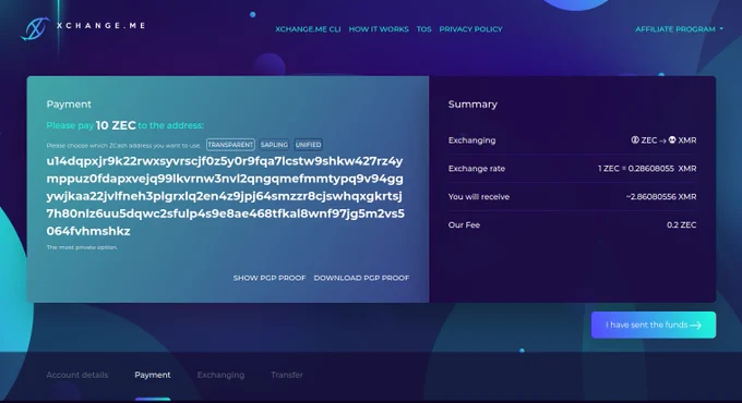 Choosing Zcash address on xchange.me - you can choose between transparent, sapling or unified address.