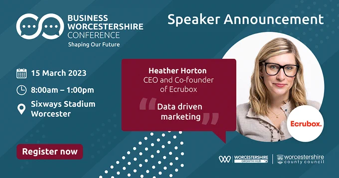 Text reads: Business Worcestershire Conference, 15 March 2023, 8:00am - 1:00pm, Sixways Stadium.
