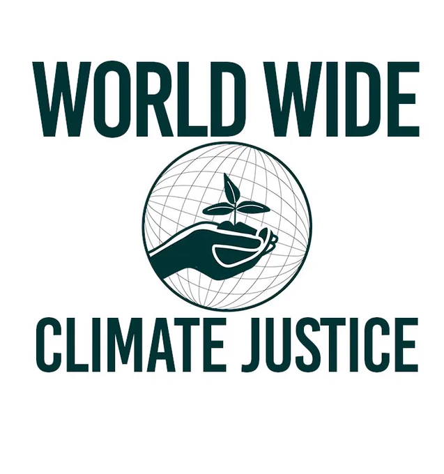 A white background with large black lettering. In the middle is a circle with a grid pattern on it, a pair of hands are silhouetted holding a handful of soil with a small plant with three leaves in it. It is all done in black and white. The text reads World Wide Climate Justice.