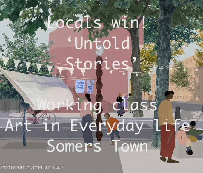 Illustration of street scene with people and bunting. 